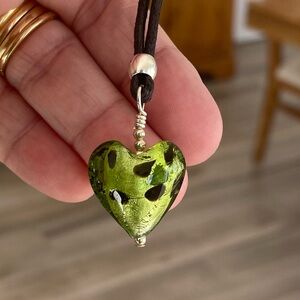 Handmade Lime Green Foil Lined Glass Heart Necklace on 18” Black Cord